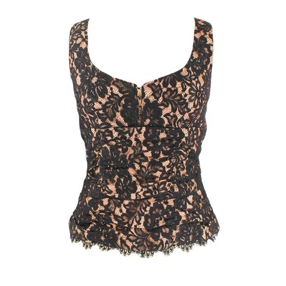 Nanette Lepore Tops - Nanette Lepore Bustier Sleeveless Top Black Lace Overlay Iridescent Pink Taffeta